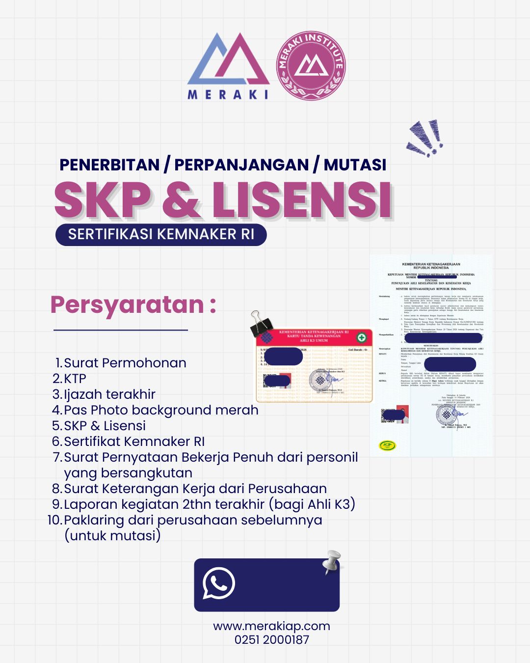 PENERBITAN, PERPANJANGAN, MUTASI  SKP & LISENSI SERTIFIKAT KEMENAKER RI